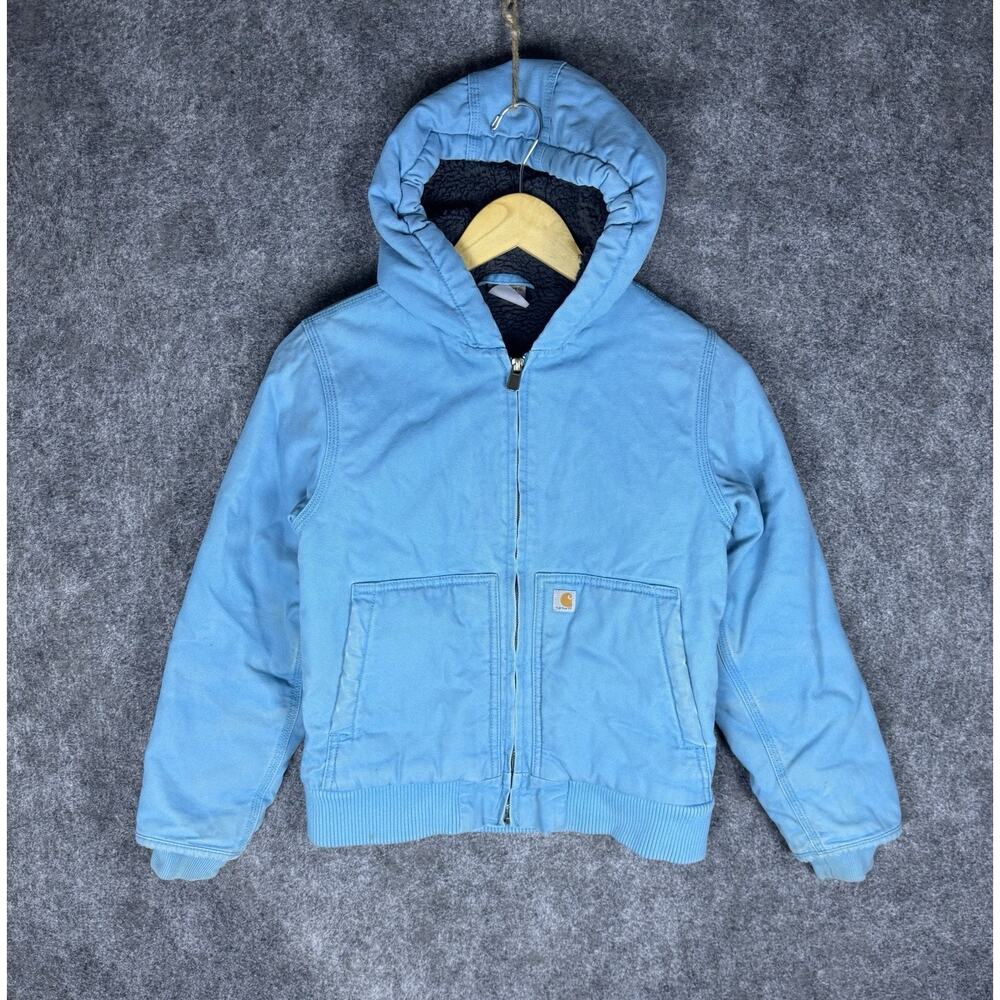 Carhartt Hooded Canvas Jacket Youth M Blue Sherpa Lined Winter Insulated